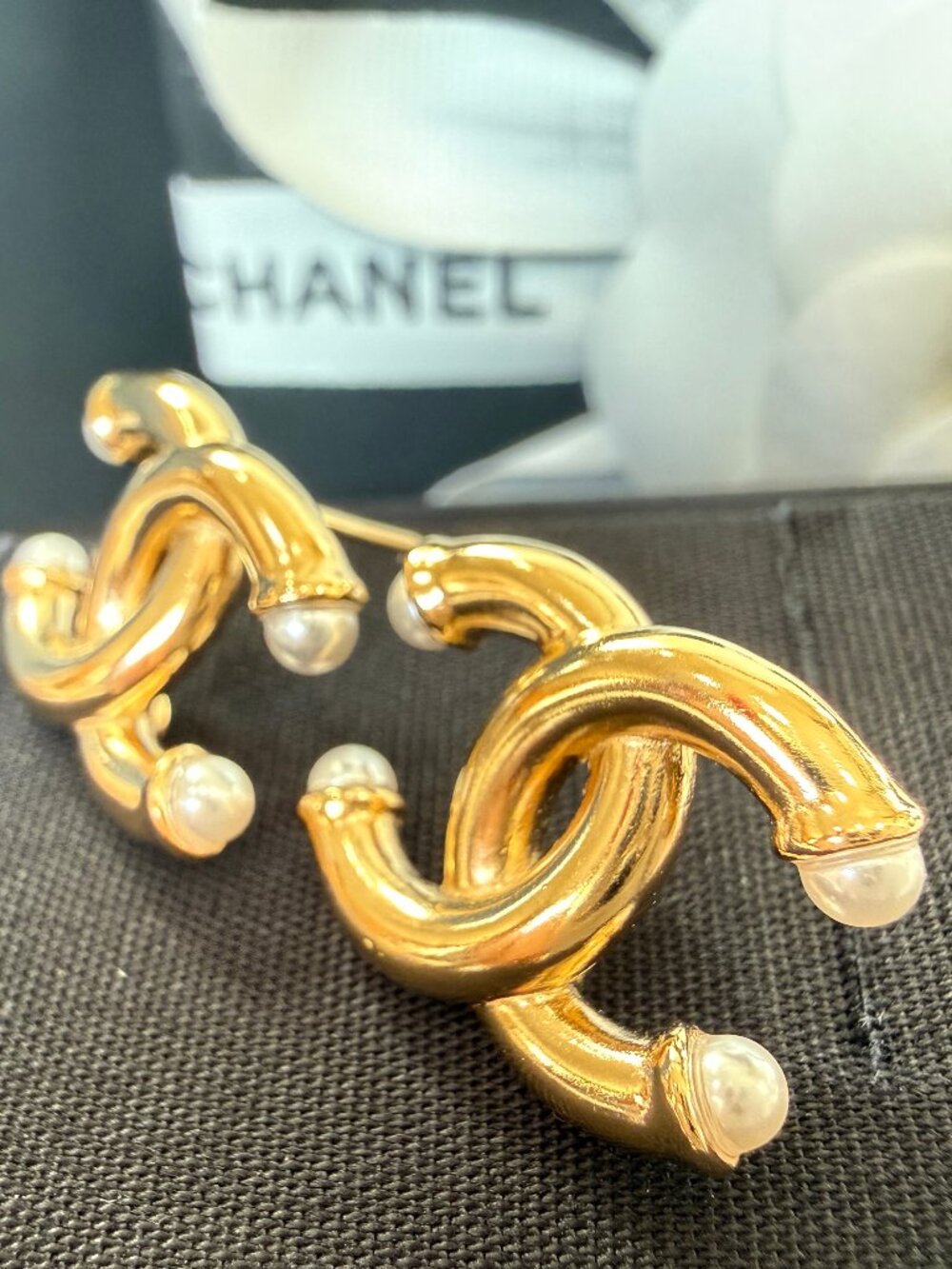 CHANEL Gold-Plated CC Logo Pearl Stud Earrings